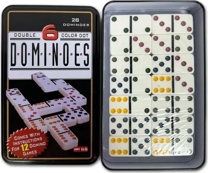 Домино в железном боксе, 6 цветных точек, Partida 19х12 см, костяшка 5х2,5 см